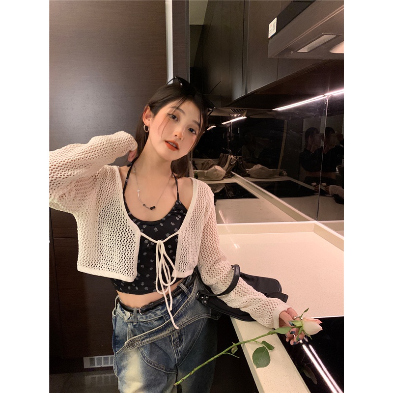 Porozi  Áo cardigan Ngắn Dệt Kim Mỏng Họa Tiết Hoa Thời Trang Hàn Quốc Cho Nữ