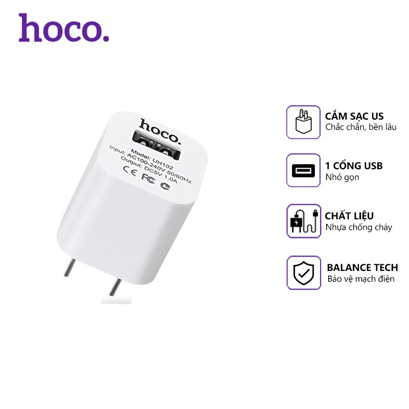 Cóc sạc nhanh Hoco UH102 1 cổng USB 1.0A, nhựa ABS, tương thích nhiều thiết bị