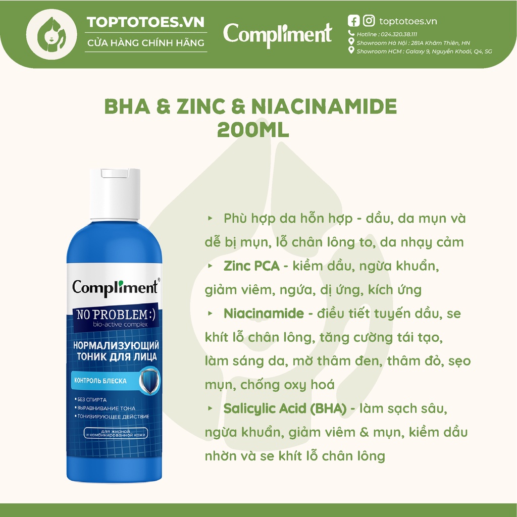 Toner BHA Compliment No Problem làm sạch sâu, kiềm dầu, giảm mụn, mờ thâm 200ml