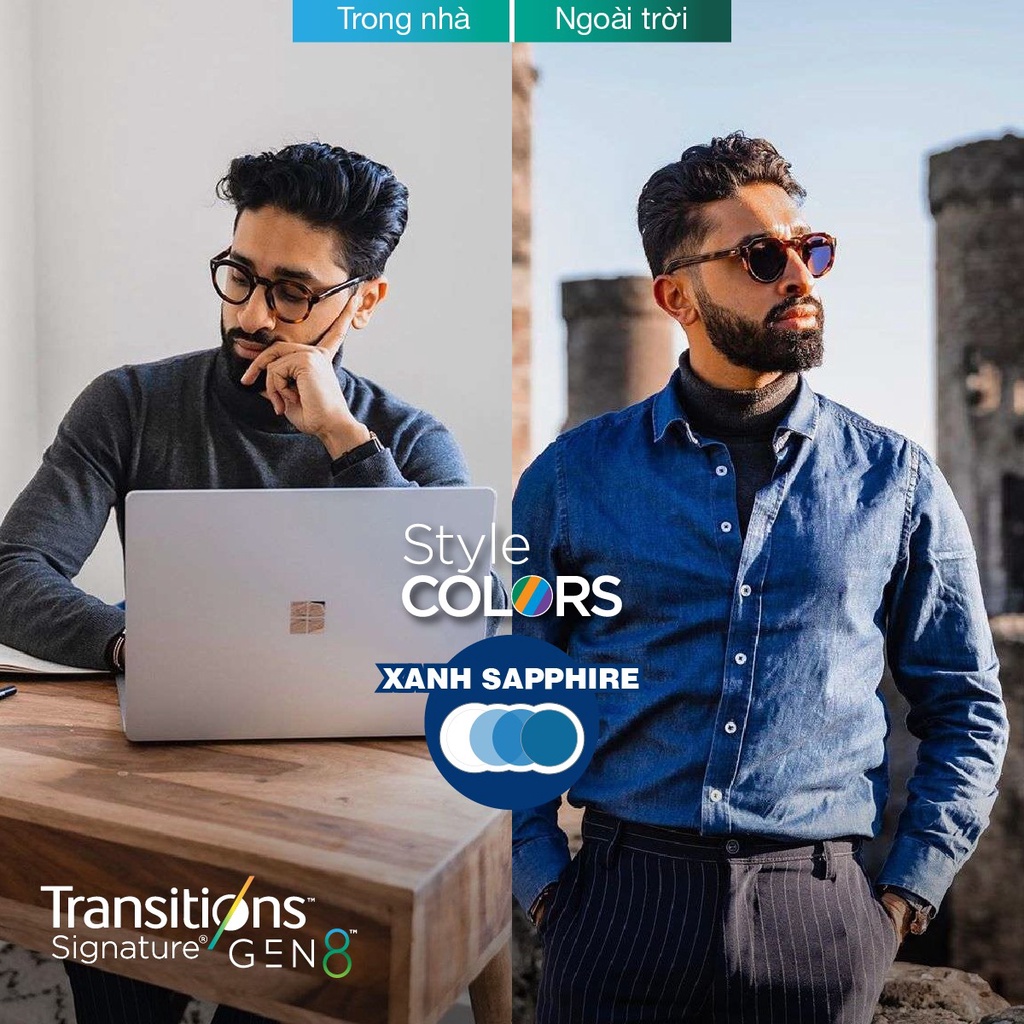 Tròng Kính Đổi Màu Essilor 1.50 SPH Transitions Style Colors Gen8 chính hãng Pháp