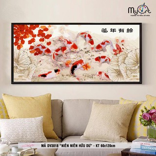 Tranh sơn dầu số hóa tranh tô màu khổ lớn - Mã DV3018 Niên niên hữu dư Cửu ngư Đàn cá Koi hoa sen tài lộc may mắn