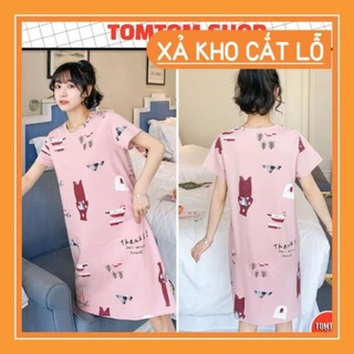 Váy ngủ cotton dáng suông cộc tay mềm mịn thoáng mát dễ thương VN-02