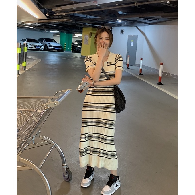 Đầm Thun polo Ngắn Tay Họa Tiết Sọc Ngang Thời Trang Dành Cho Nữ