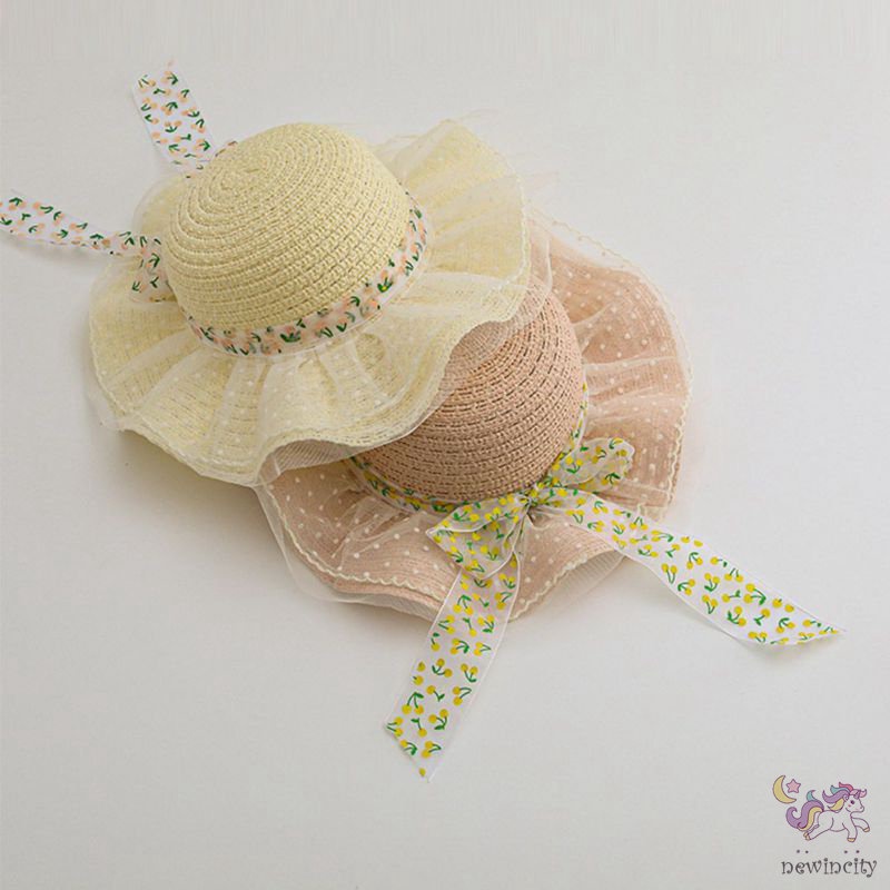 Mũ Cói Rộng Vành Phối Ruy Băng Ren Hoa Xinh Xắn Thời Trang Hàn Quốc Cho Bé Gái
