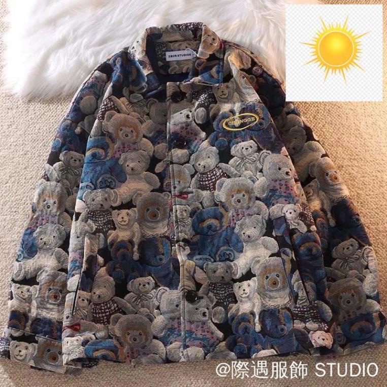 Áo khoác bóng chày vải cotton lụa pha hai lớp in hình gấu dễ thương thời trang cho cặp đôi