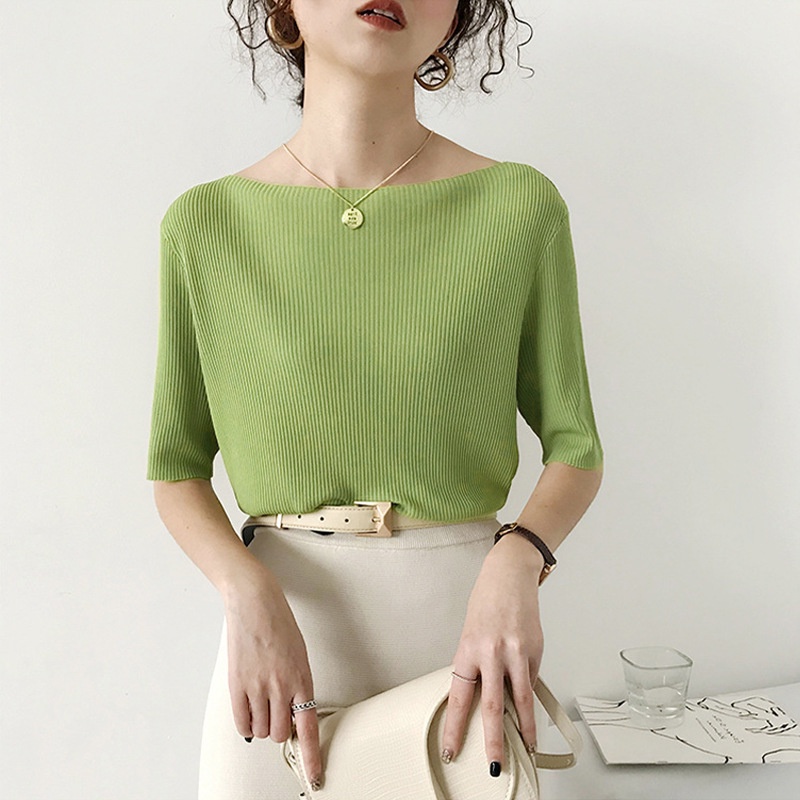 Áo kiểu IELGY dệt kim lụa lạnh co giãn tay ngắn nhiều màu trơn tùy chọn phong cách Nhật Hàn thời trang ngọt ngào cho nữ