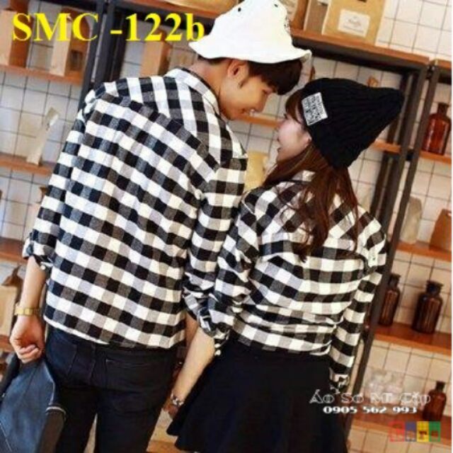 Áo sơ mi cặp caro trắng đen 122B