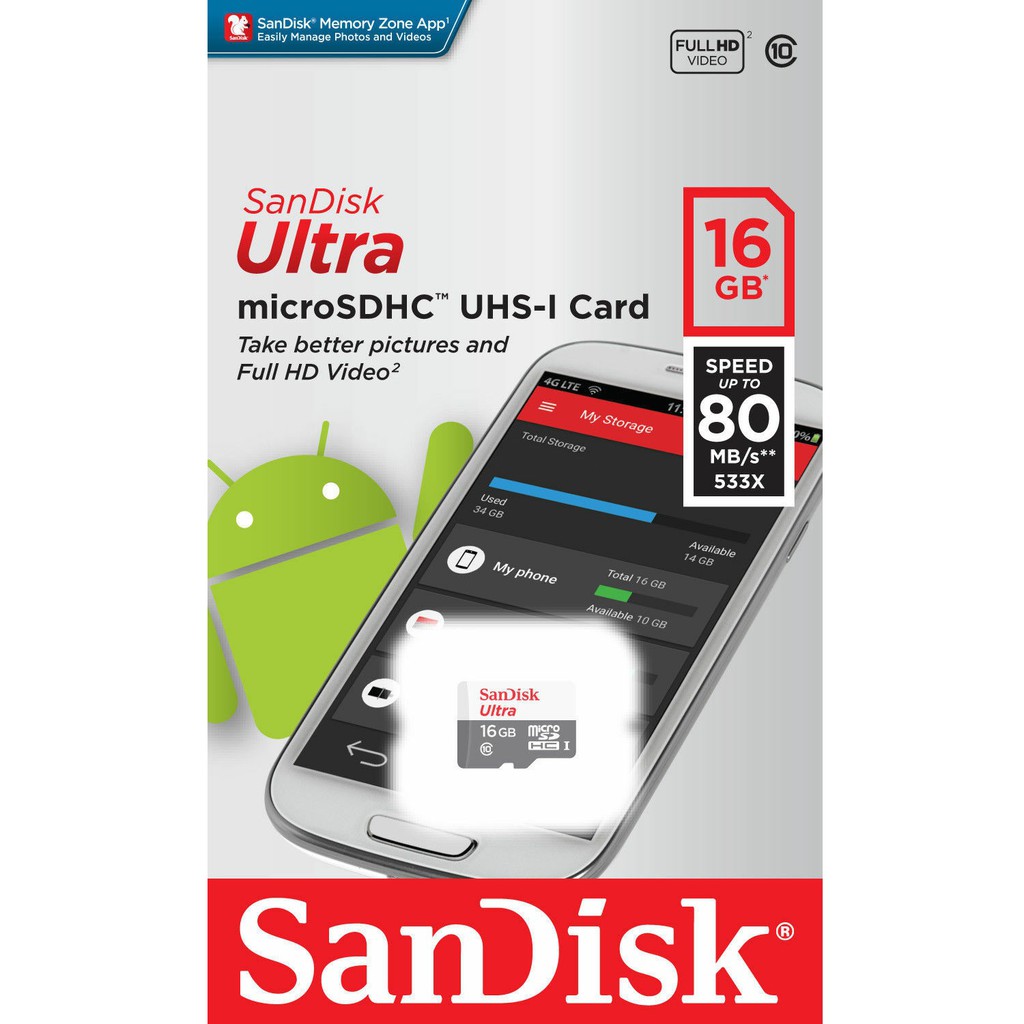 Thẻ nhớ MicroSDHC SanDisk Ultra 16GB 533X 80MB/s (Bạc) - Hàng chính hãng | WebRaoVat - webraovat.net.vn