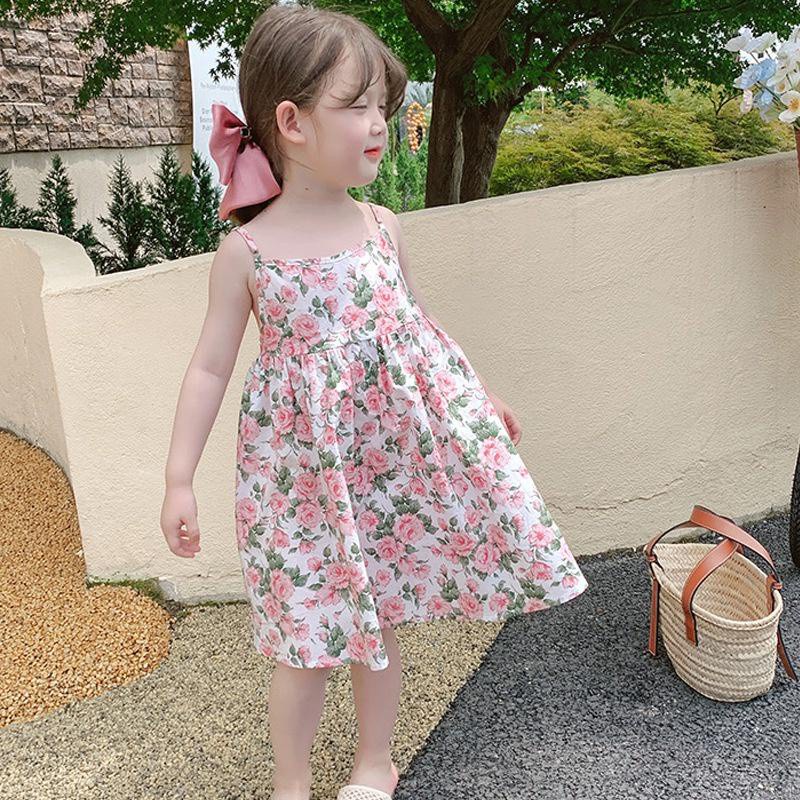 Đầm hai dây hở lưng in hoa thời trang dành cho bé gái từ 1-6 tuổi