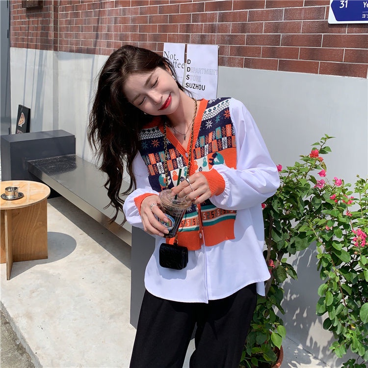 Áo dệt kim nữ tay dài giả hai lớp hàng mới