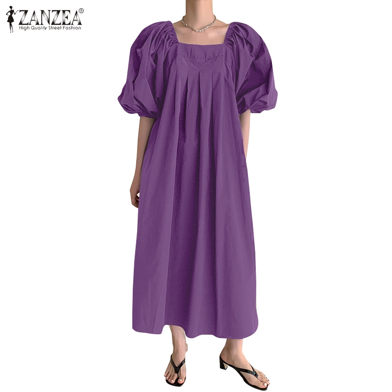 ZANZEA Đầm tay ngắn cổ vuông xếp ly thời trang cho nữ | BigBuy360 - bigbuy360.vn