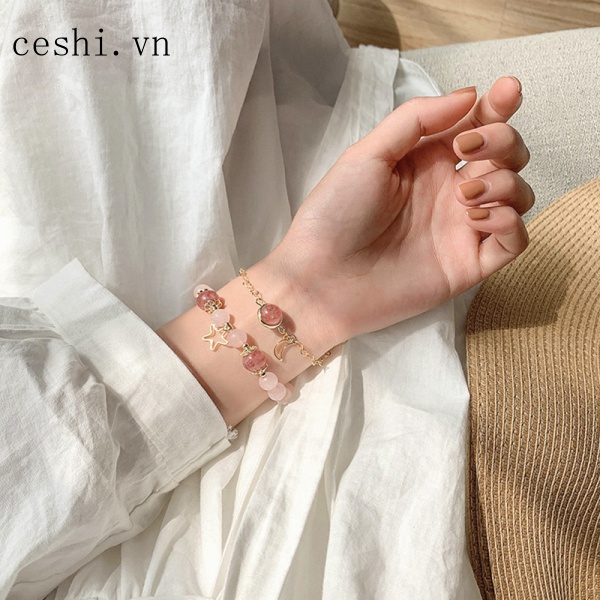 Vòng Tay May Mắn Đính Hạt Hồng/Dâu Tây Xinh Xắn Cho Nữ Sinh