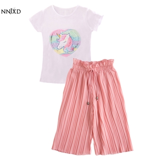 Set Áo Thun Hoạt Tiết Kỳ Lân Kèm Quần Lửng NNJXD Thời Trang Mùa Hè Cho Bé Gái