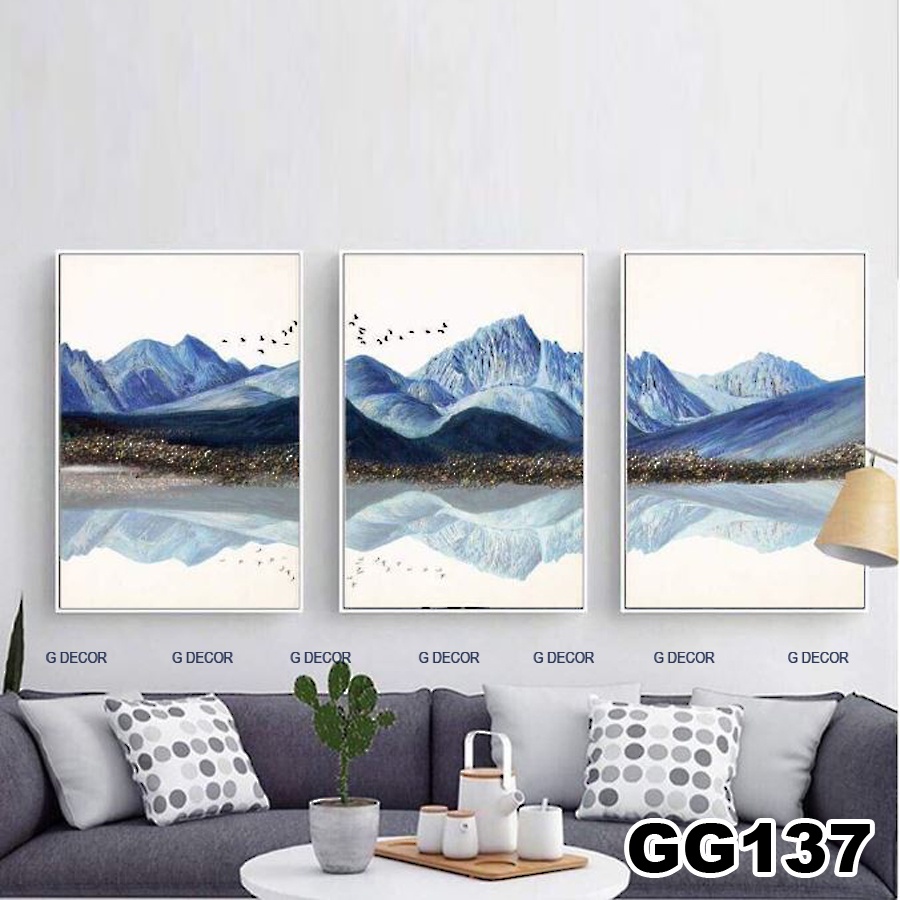 Tranh treo tường canvas khung gỗ 3 bức phong cách hiện đại Bắc Âu tranh phong cảnh trang trí phòng khách phòng ngủ 90