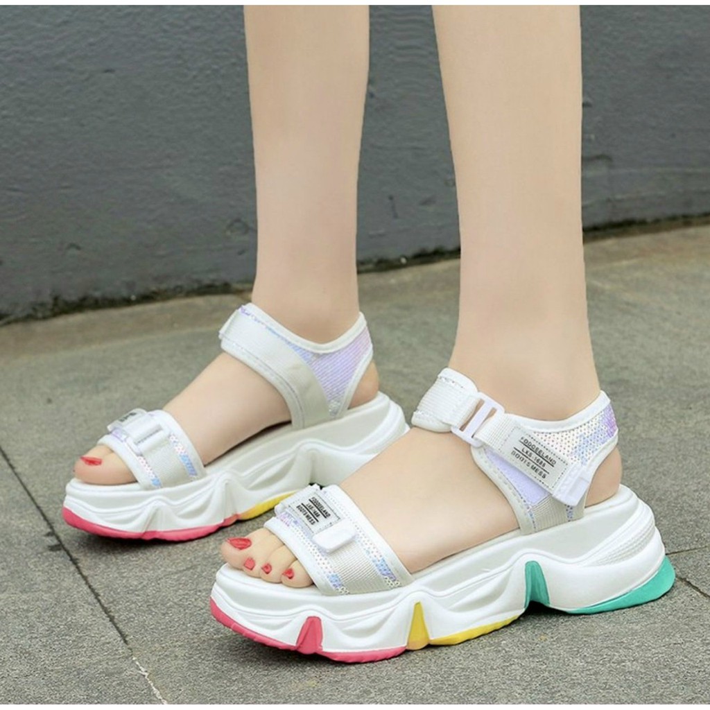 Giày Sandal Đế Bằng HÀNG ĐẸP Sandal Nữ Quai Kết kim Sa - Đế Phối Màu (Quảng Châu) 812