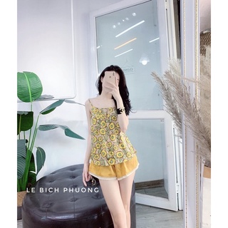 Snu414 - bộ đùi lụa 2s áo hoa quần trơn