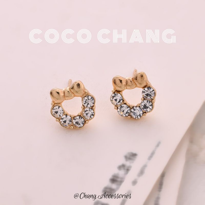 Bông tai nụ tròn đính đá kết nơ đơn giản, khuyên tai hàn quốc  cocochang Shop