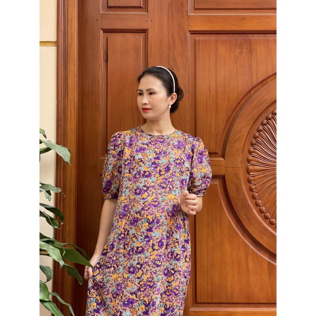 VÁY BẦU thiết kế tay bồng chất liệu lụa hoa mềm mại, thấm hút mồ hôi v273