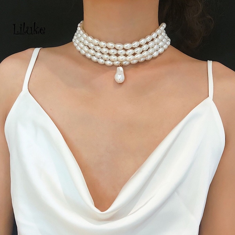 Chuỗi choker đeo cổ hạt gạo ngọc trai nhân tạo 8ly hạt dài