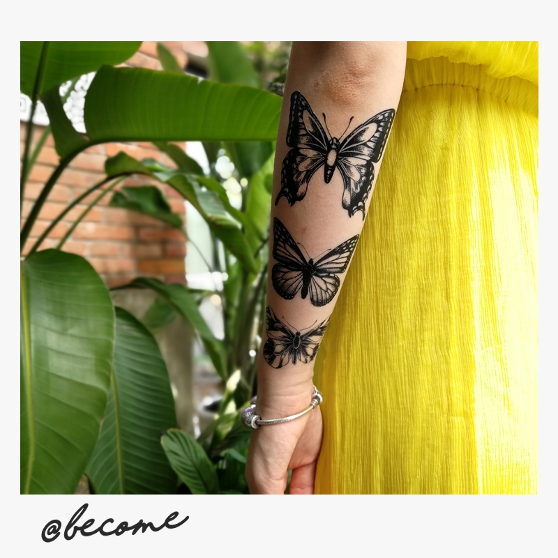 [Ms Cool]  Tattoo bướm hình xăm dán không thấm nước màu đen và màu trắng kéo dài cô gái văn học cánh tay nhãn dán hình xăm