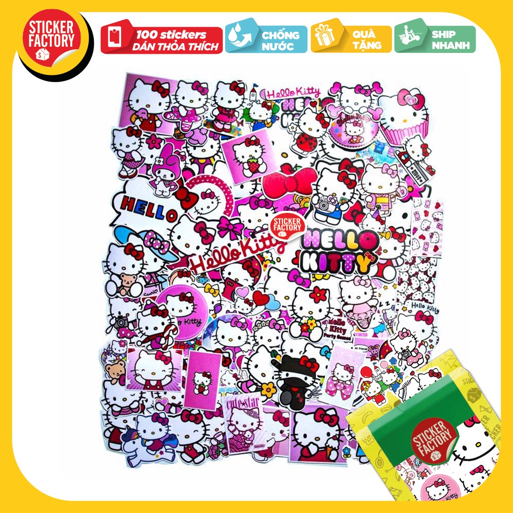 Mèo Hello Kitty - hộp set 100 sticker decal hình dán, trang trí nón bảo hiểm , laptop, xe máy, ô tô - STICKER FACTORY