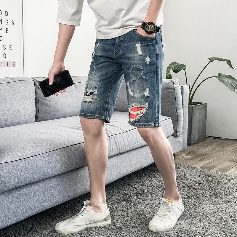 [Spot Fast Hair] Quần jean nam thời trang cá tính mùa hè xé toạc quần short denim năm điểm Phiên bản hàn quốc quần tất l