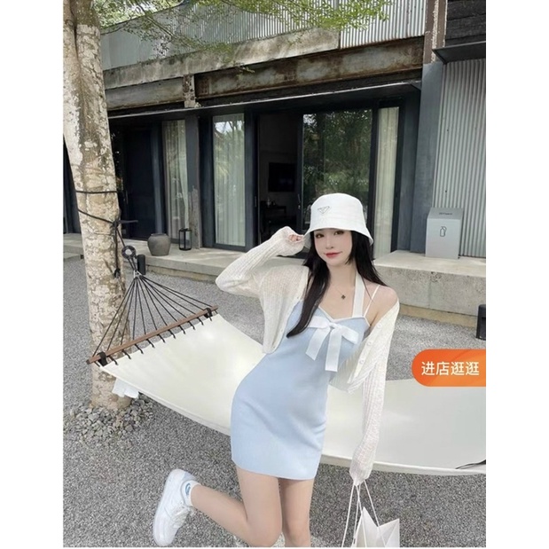 Váy len nơ cổ yếm kèm áo khoác len mongtoghi mỏng siêu xinh