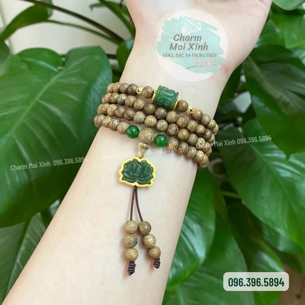 Chuỗi Trầm Hương Tốc 108 hạt phối Hoa Sen và Lu Khắc Ngo.c Bích bọc Bạc 925 - Vòng Tay Hoa Gỗ tự nhiên Nam Nữ phong thuỷ