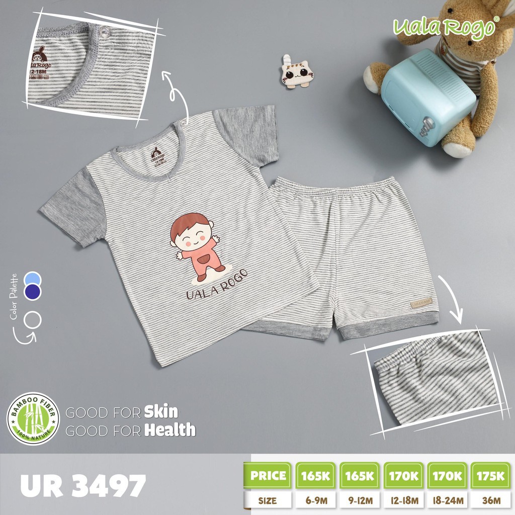 Bộ Quần áo cộc tay cài vai bamboo in hình kẻ tăm Uala&Rogo 3497