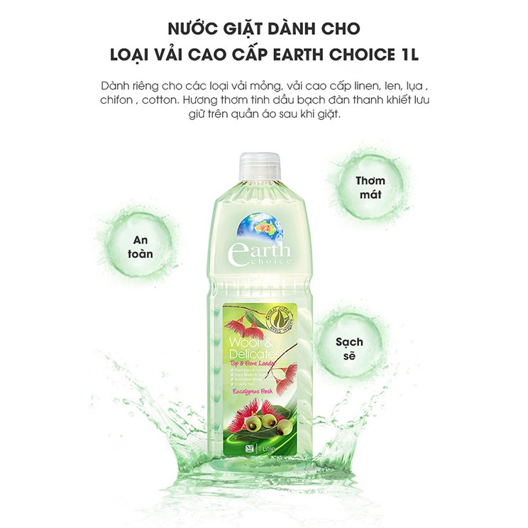 Nước giặt vải cao cấp gốc thực vật tinh dầu bạch đàn Earth Choice Úc 1L giặt sạch vết bẩn mềm vải bền màu