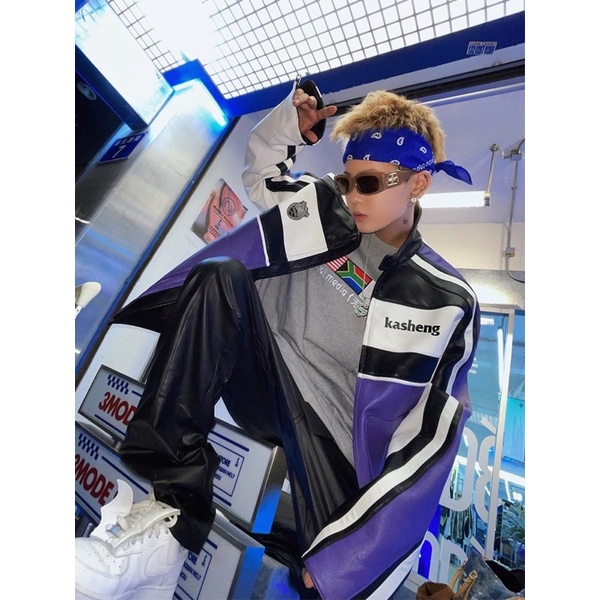 ÁO KHOÁC DA PHONG CÁCH MOTORBIKE TÍM PHỐI TRẮNG ĐEN