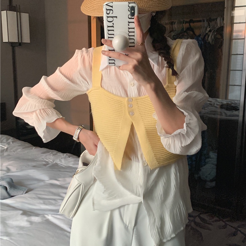 SUXI Set Áo Sơ Mi Dài Tay Trong Suốt + Áo Len Không Tay Phong Cách Hàn Quốc Dành Cho Nữ