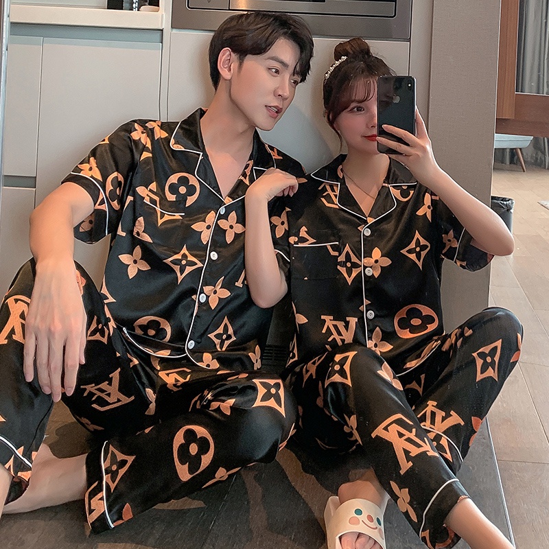 Bộ Đồ Ngủ Lụa Satin Tay Ngắn Plus Size M-5XL Cho Nam Nữ