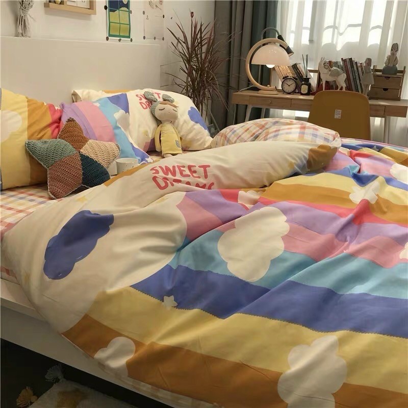 Bộ chăn ga gối cotton poly -mẫu cầu vồng sắc màu -luis bedding miễn phí bo chun