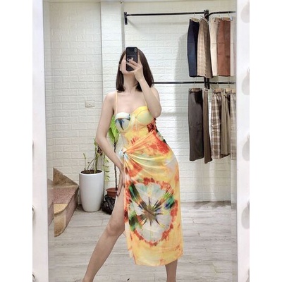Bikini 1 mảnh liền có gọng, bộ bơi đi biển nữ kèm khăn buộc hông, họa tiết loang vàng, Bikini191