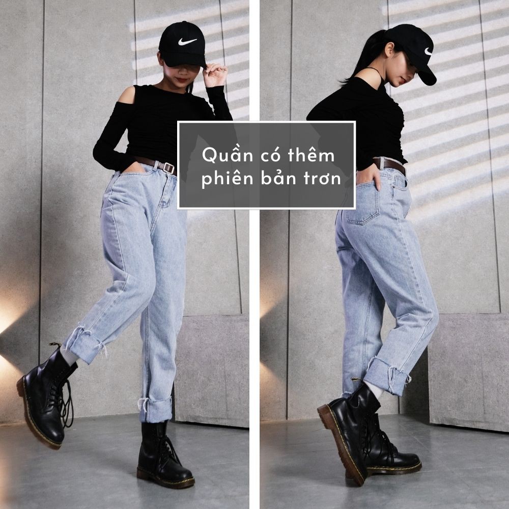 Quần Jean Nữ Dáng Baggy Thương Hiệu GUF Cạp Cao Có Thêm Bản Rách Gối Đơn Giản GUF | BigBuy360 - bigbuy360.vn