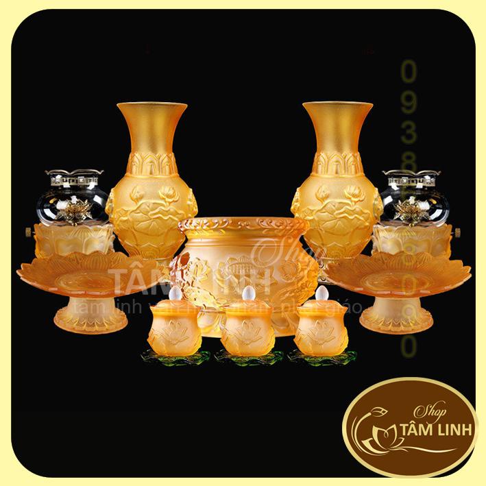 Bộ Thờ Cúng Bình - Lư - Đĩa - Chung, màu vàng lưu ly Cao Cấp