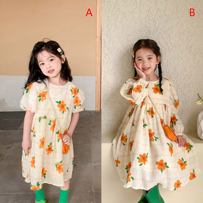 Đầm Maxi Xếp Ly Tay Phồng In Họa Tiết Hoa Nhí Xinh Xắn Thời Trang Cho Bé Gái