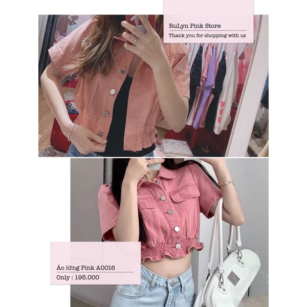 Áo Jean cổ kiểu sơmi túi hộp nữ tay ngắn croptop phối quần Ống rộng