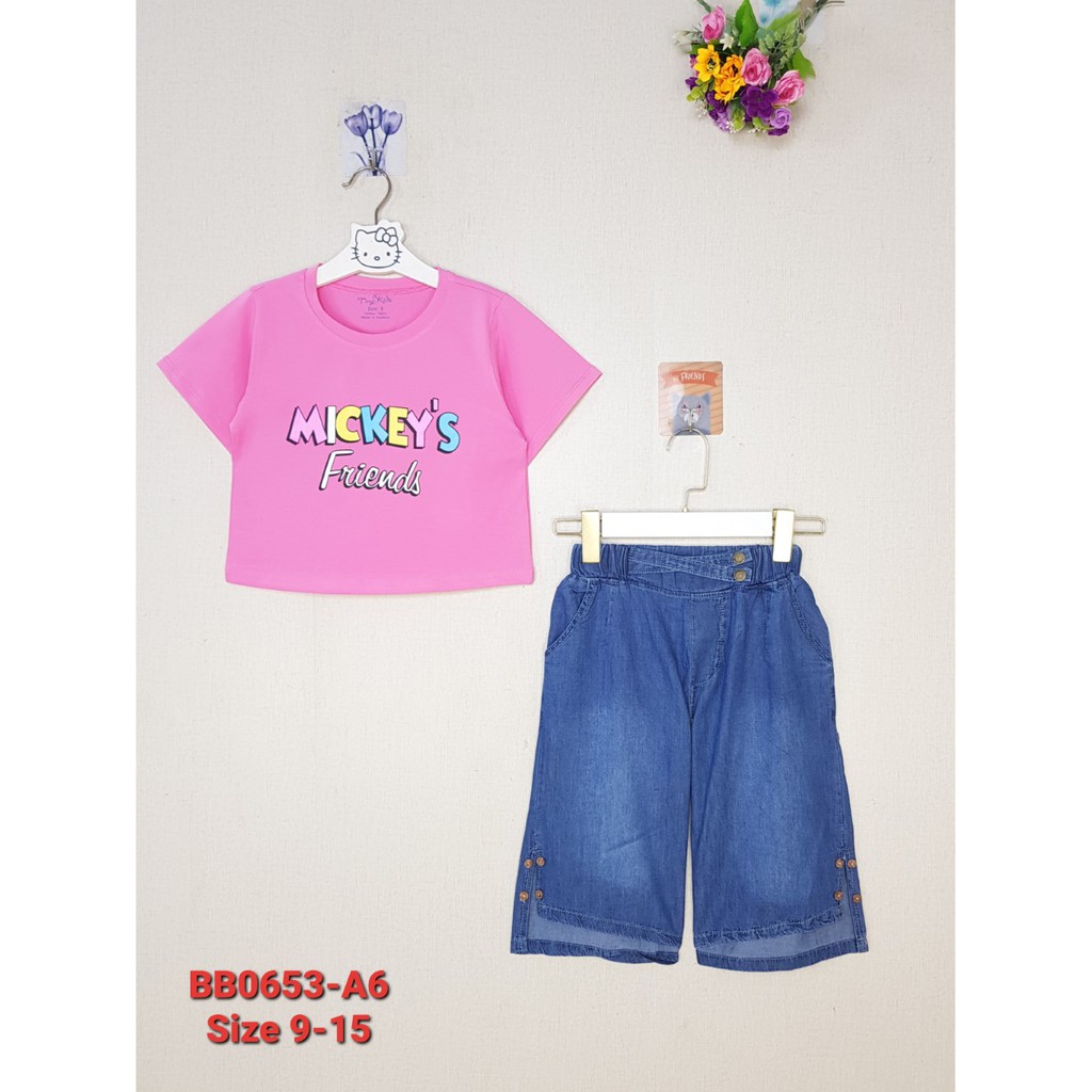 BB0653-A3 - Bộ bé gái cotton quần jean xẻ lai , in Mickeys , màu trắng  , size nhỡ 9t-15t