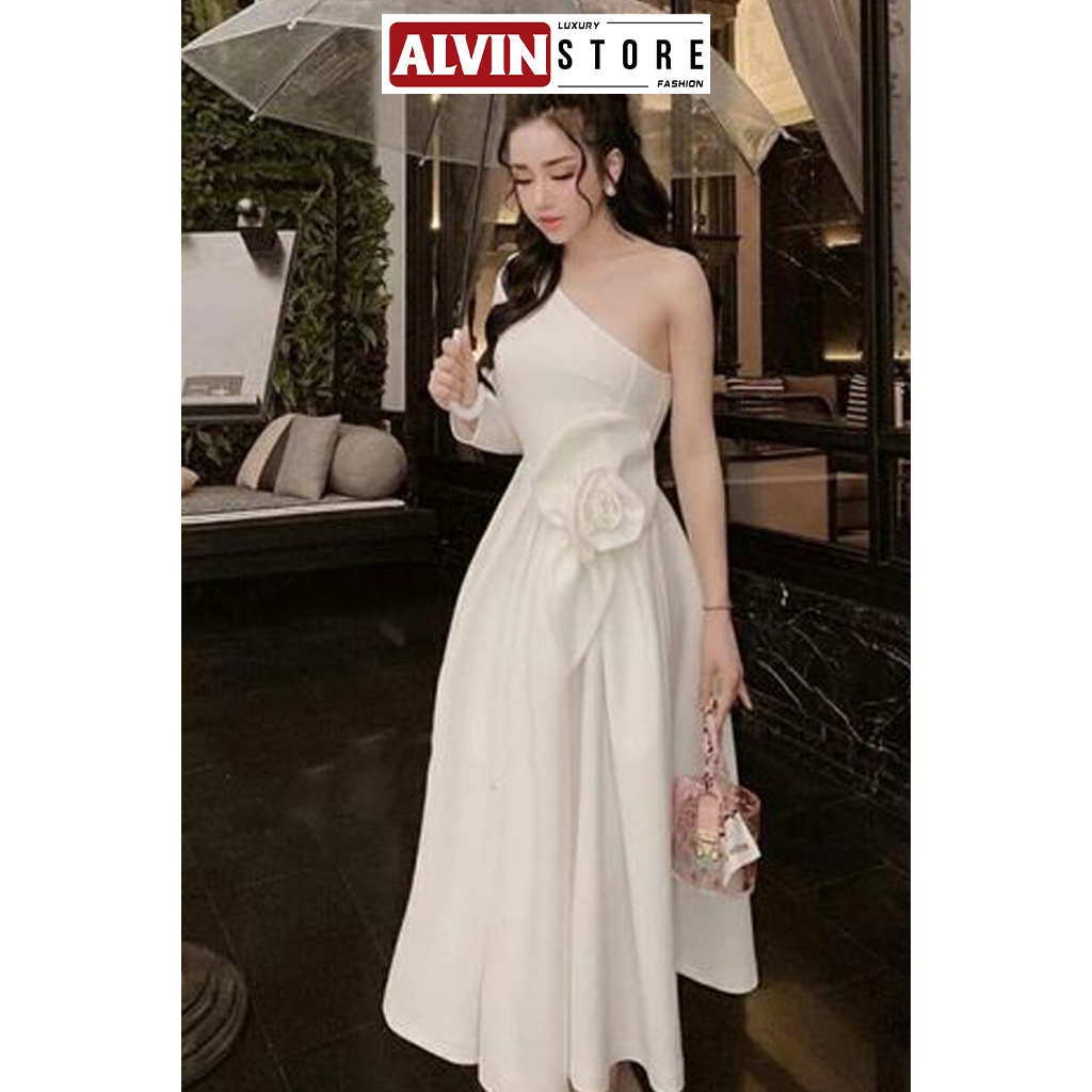 Đầm Xoè Kiểu Tay Dài Lệch Vai Hoa Eo Sang Trọng, Quý Phái Alvin Store 1440E