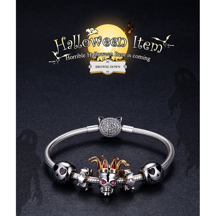 Hạt Charm Bamoer SCC1359 Trang Trí Vòng Tay Hình Đầu Lâu Tròn Bạc 925 Cho Dịp Halloween