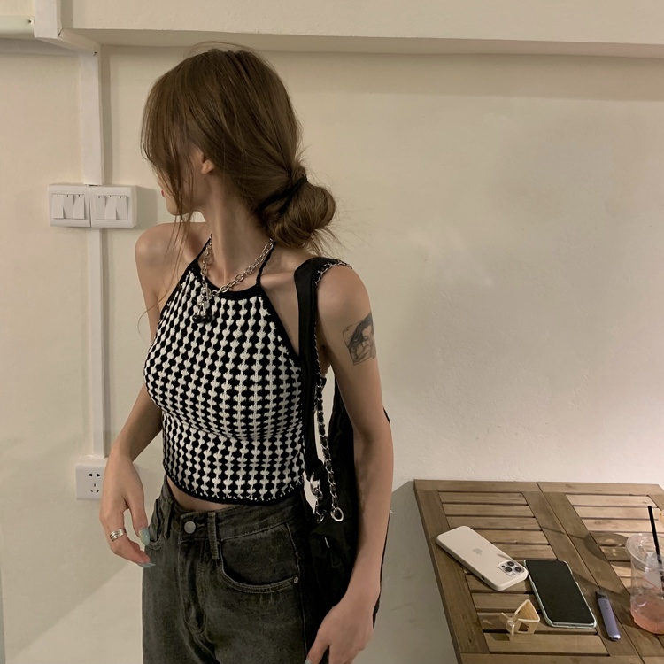 Áo hai dây sọc caro trắng đen cá tính thoải mái thời trang mùa hè phong cách Hàn Quốc