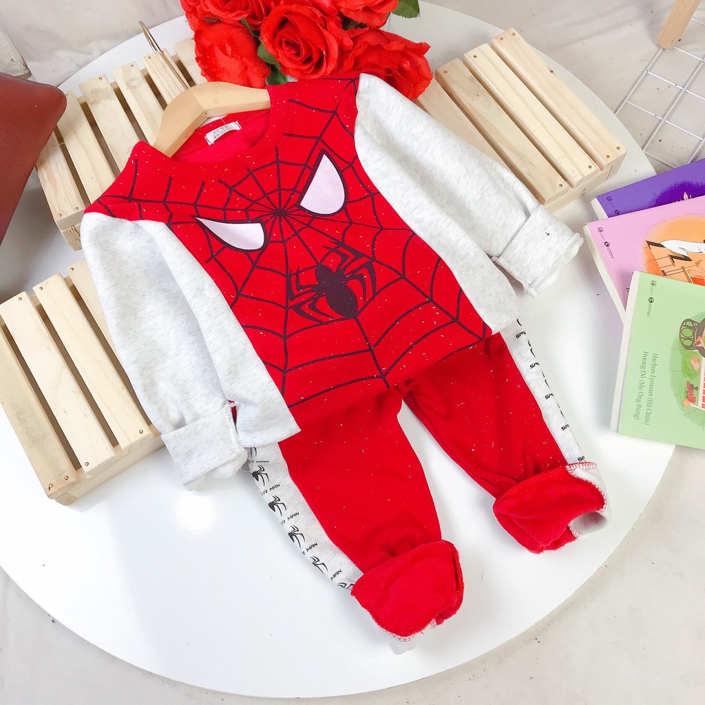 Đồ bộ quần áo bé trai thu đông dài tay siêu nhân Spiderman chất lót lông và cotton cho bé 12-20kg