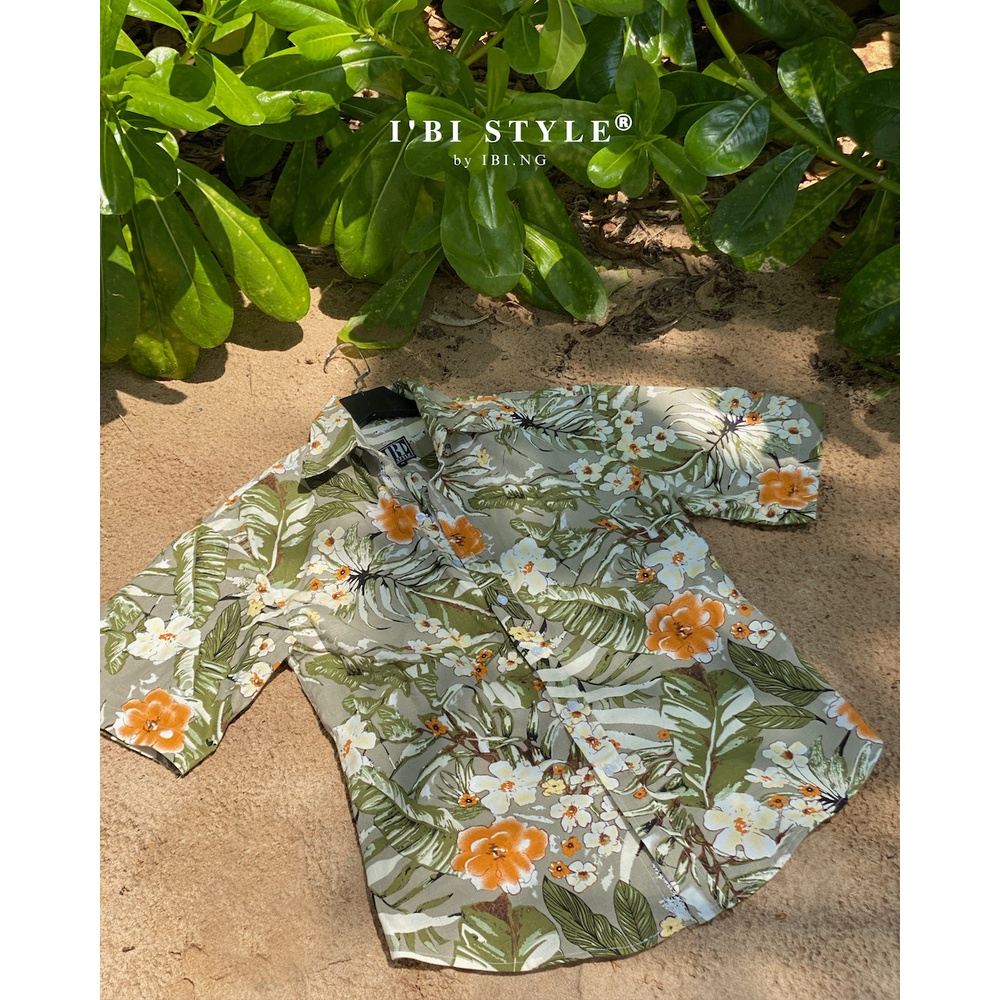Áo sơ mi tay ngắn linen hoa xám/xanh