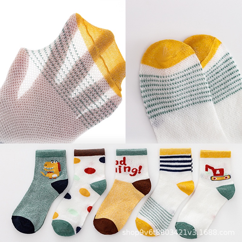 Set 5 Đôi Tất Cotton Phối Lưới Thoáng Khí Họa Tiết Khủng Long / Chấm Bi Cho Bé 1-12 Tuổi