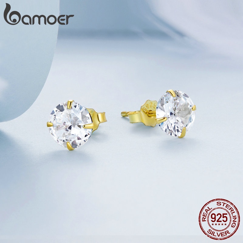 Set 2 bông tai BAMOER bạc 925 đính đá zircon phong cách đơn giản thời trang cho nữ