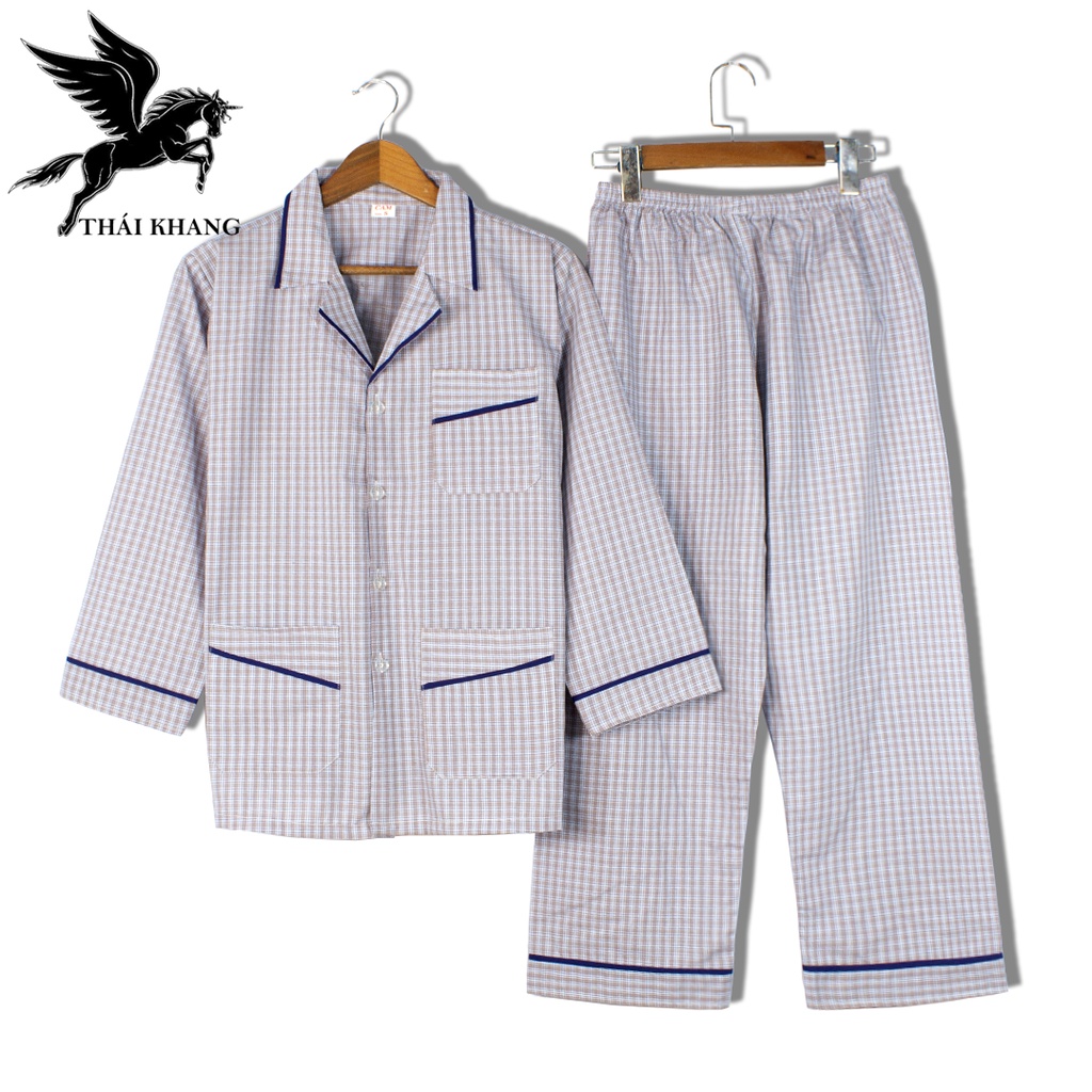 Đồ bộ nam pijama sọc kẻ vải chất vải cotton phù hợp người lớn tuổi loại bộ đồ nam trung niên mặc nhà