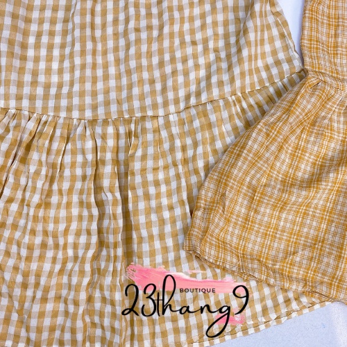 Đầm babydoll váy tay bồng sọc caro màu vàng cổ tròn dáng midi sang trọng đi tiệc đi chơi đi biển 23thang9 boutique