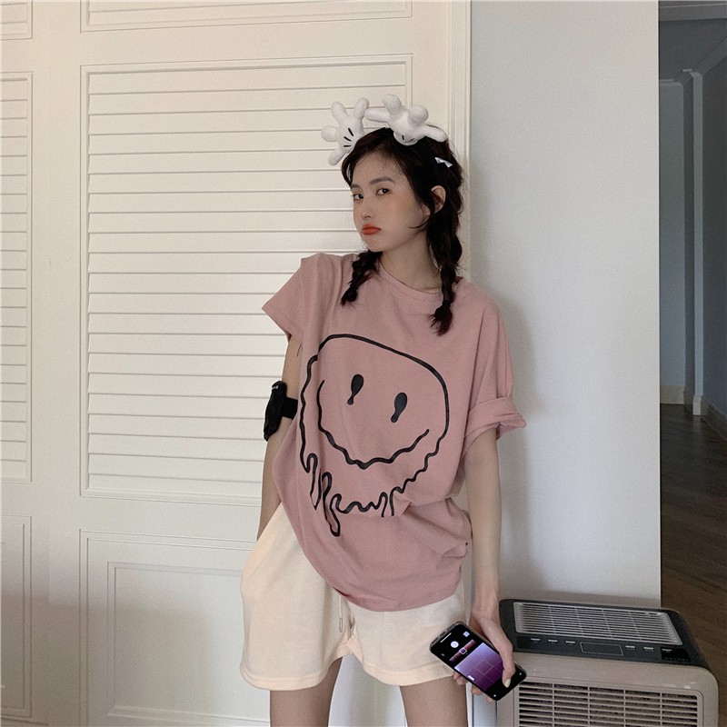 Áo thun nữ tay ngắn cổ tròn hình mặt cười ulzzang